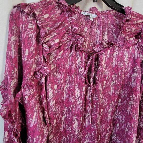 Vintage Ophelia Roe Large Feminine Blouse ruffled Tie Semi Sheer geometric Y2K - Picture 10 of 11